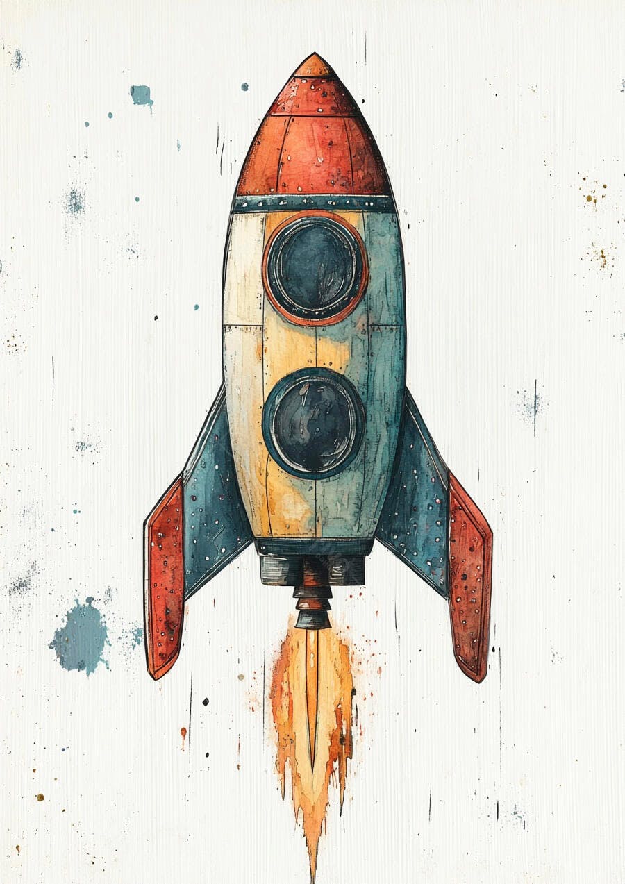 Foguete vintage de aquarela azul e vermelho decolando em fundo branco
