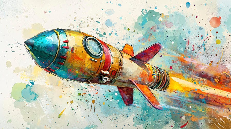 Foguete colorido voando com explosão de tinta aquarela vibrante
