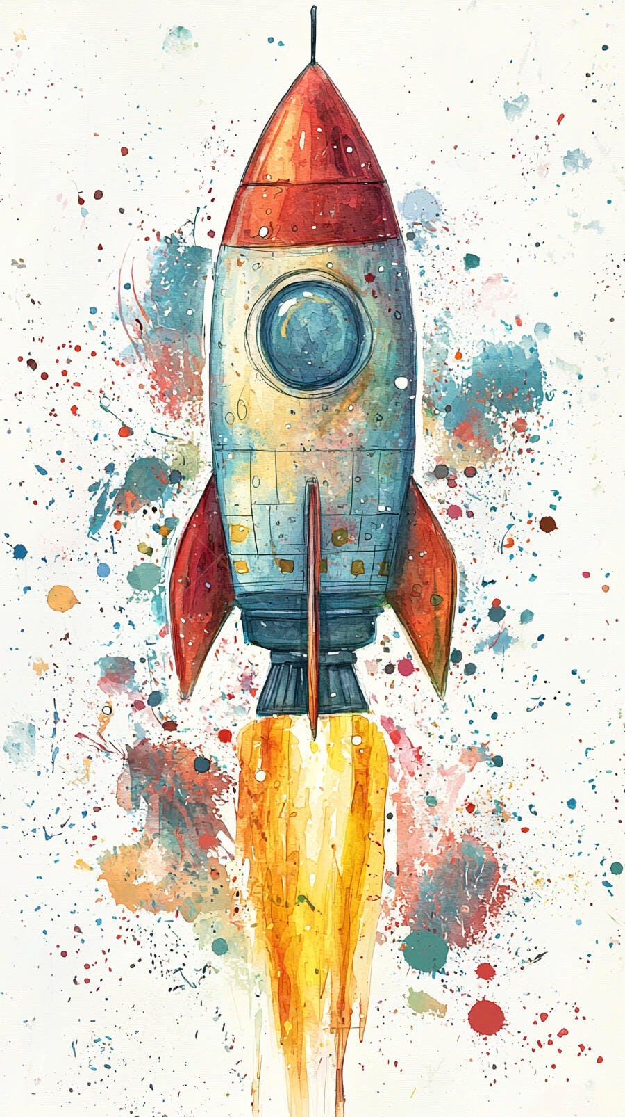 Foguete de aquarela vermelho e azul lançando com chamas laranja e respingos coloridos