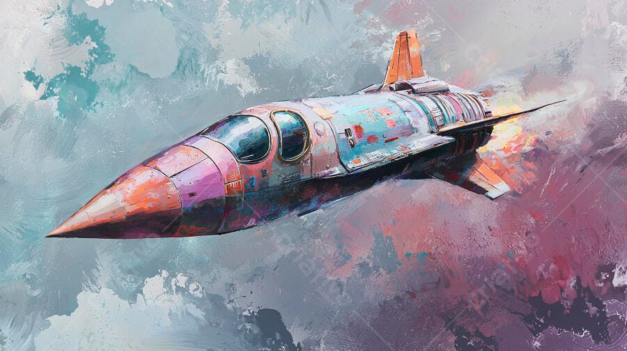 Nave espacial colorida estilo pintura a óleo voando entre nuvens abstratas vibrantes