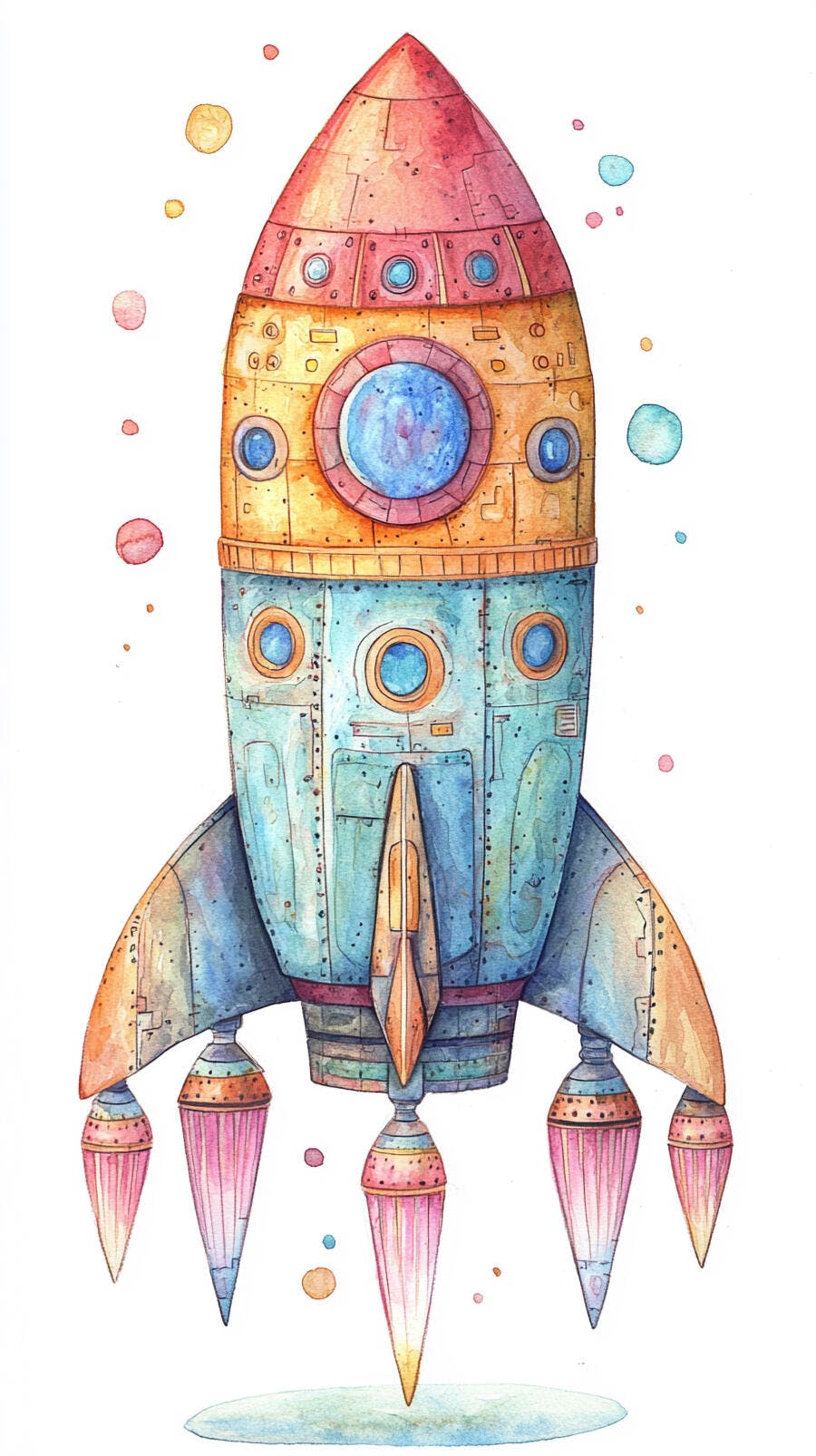 Foguete retrô azul e laranja em aquarela decolando para o espaço