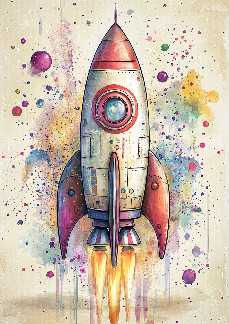 Foguete espacial colorido decolando com respingos de aquarela vibrantes