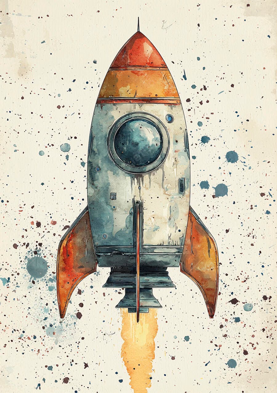 Foguete vintage laranja e azul decolando em ilustração aquarela com respingos de tinta