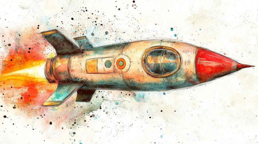 Foguete espacial colorido decolando em pintura aquarela digital vibrante