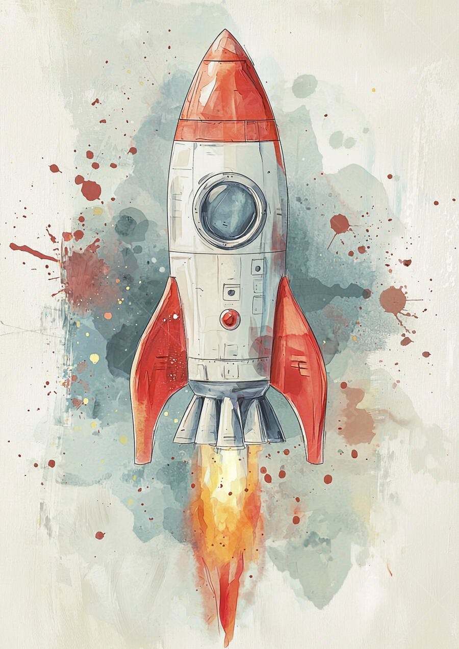 Foguete decolando ilustração aquarela vermelho e branco infantil