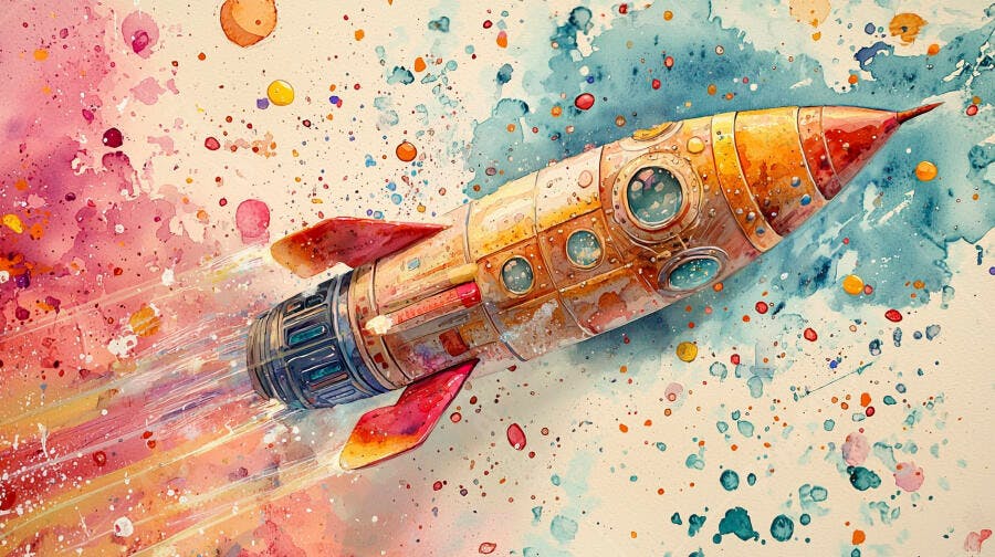 Foguete de aquarela colorido voando em espaço artístico vibrante
