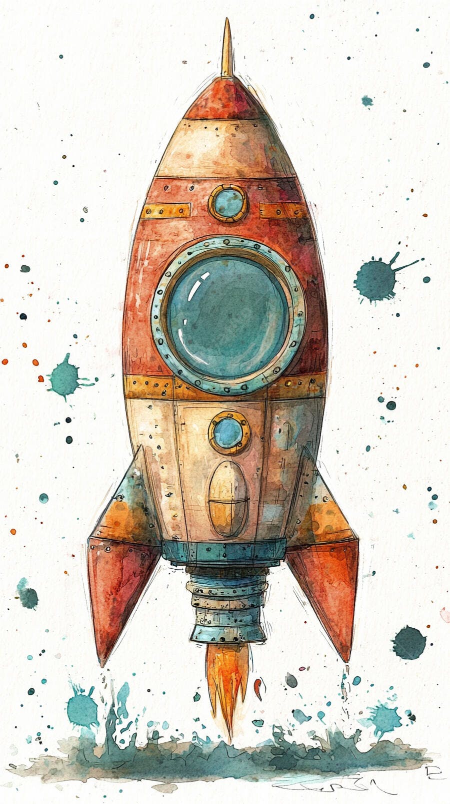 Foguete vintage de aquarela decolando com chamas coloridas e respingos