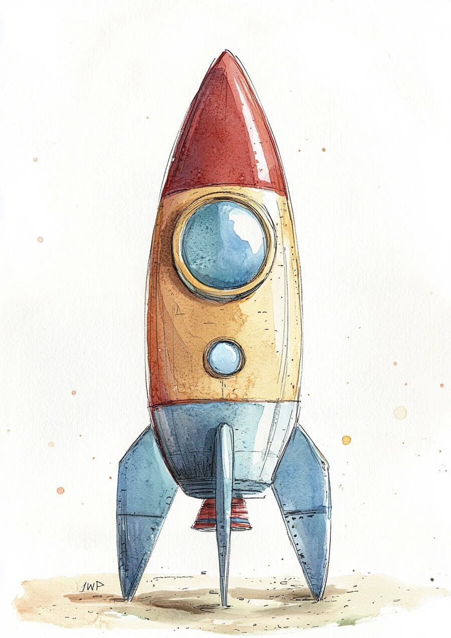 Foguete vintage em aquarela vermelho amarelo e azul claro sobre fundo branco