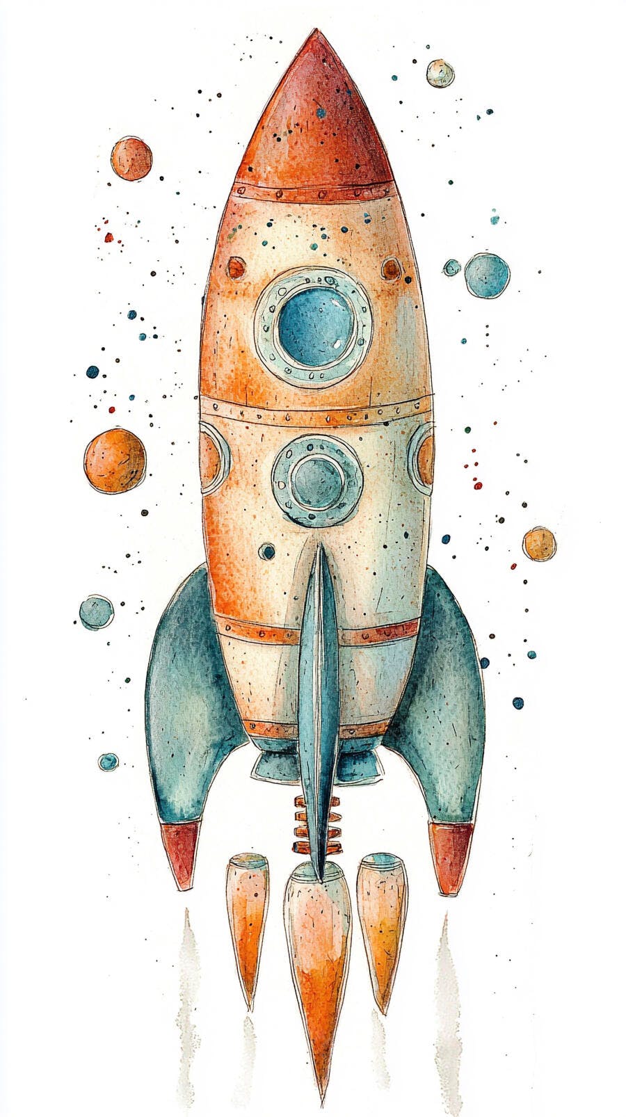Foguete vintage em aquarela cores laranja azul flutuando no espaço com planetas