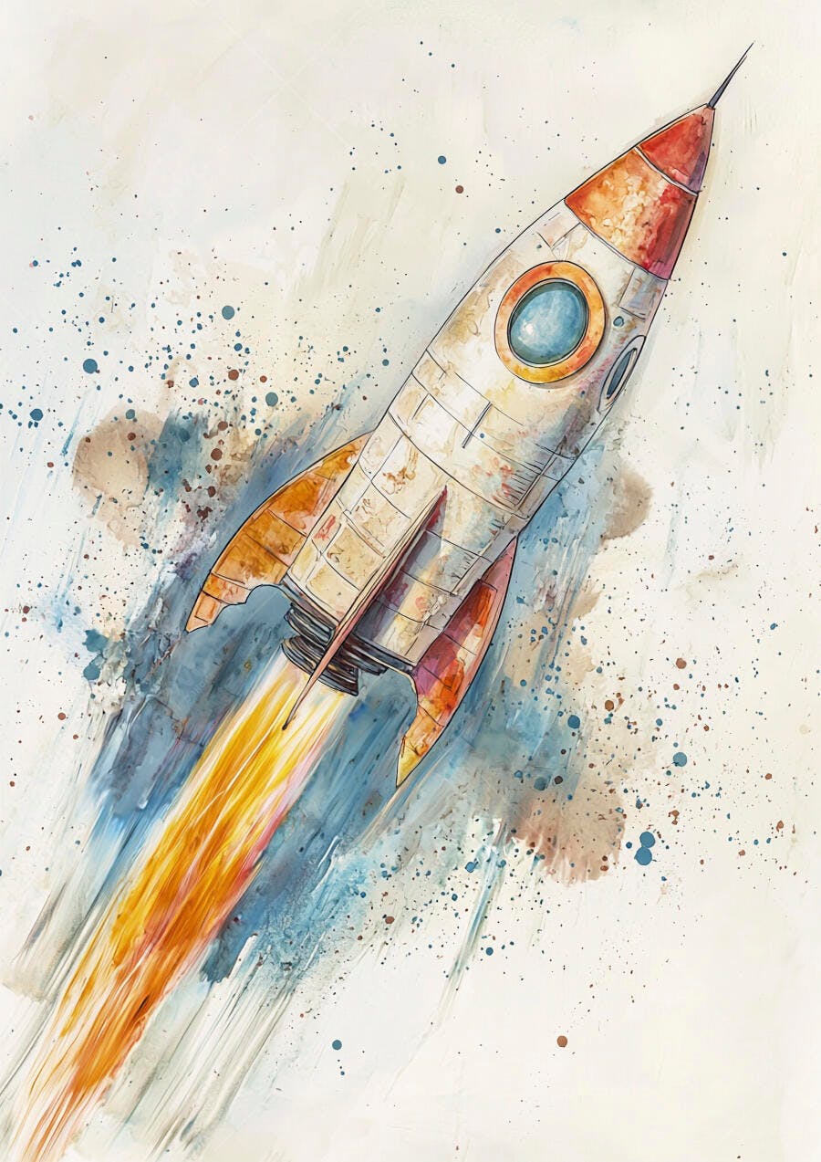Foguete vintage colorido com chamas alaranjadas em pintura aquarela