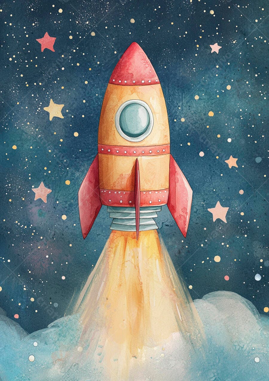 Foguete decolando no espaço estrelado ilustração em aquarela