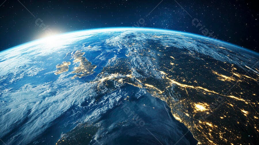 Planeta Terra vista do espaço com luzes da cidade e amanhecer sobre Europa