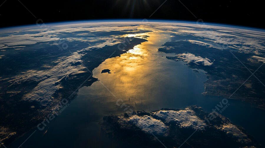 Terra do espaço com brilho solar dourado no oceano azul profundo e nuvens