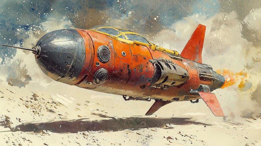 Nave espacial retro laranja e cinza decolando em paisagem desértica estrelada