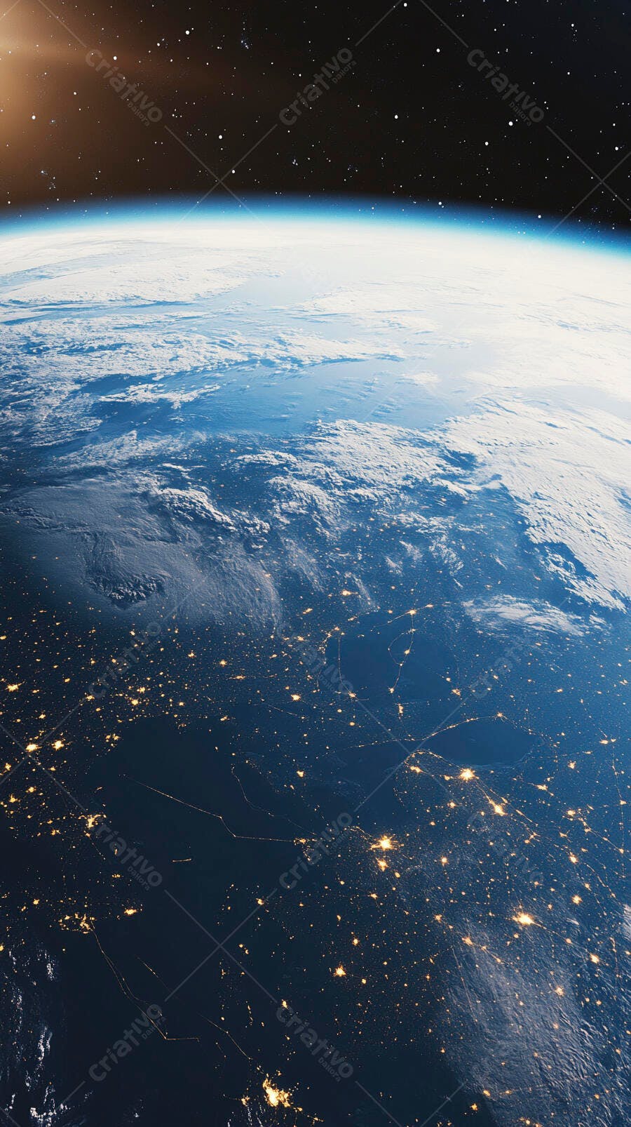 Terra vista do espaço noturna com luzes das cidades e estrelas