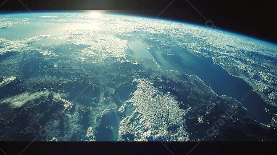 Planeta Terra visto do espaço ao nascer do sol com nuvens e oceanos azuis