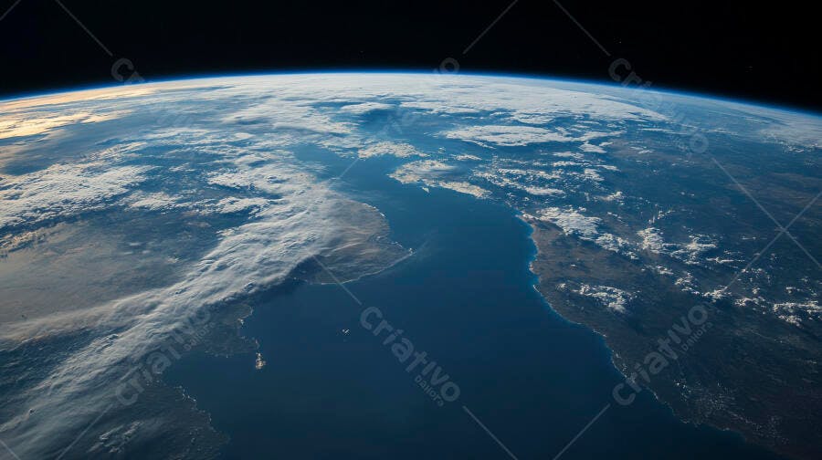 Planeta Terra azul e branco visto do espaço com nuvens e oceano