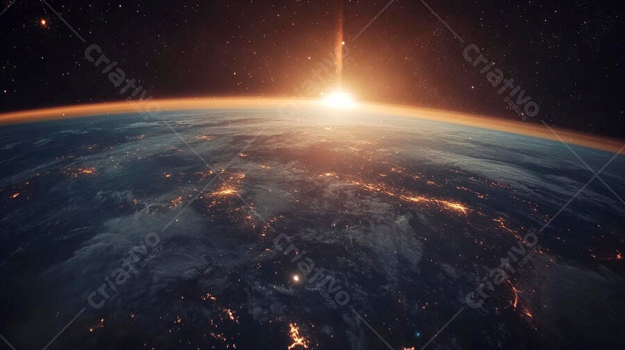 Terra vista do espaço com nascer do sol e cidades iluminadas na noite