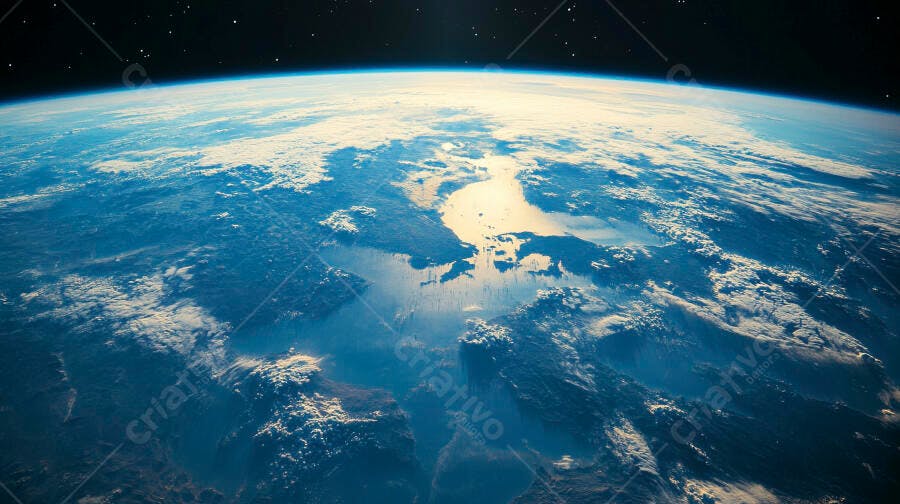 Planeta Terra azul visto do espaço com reflexo solar e nuvens