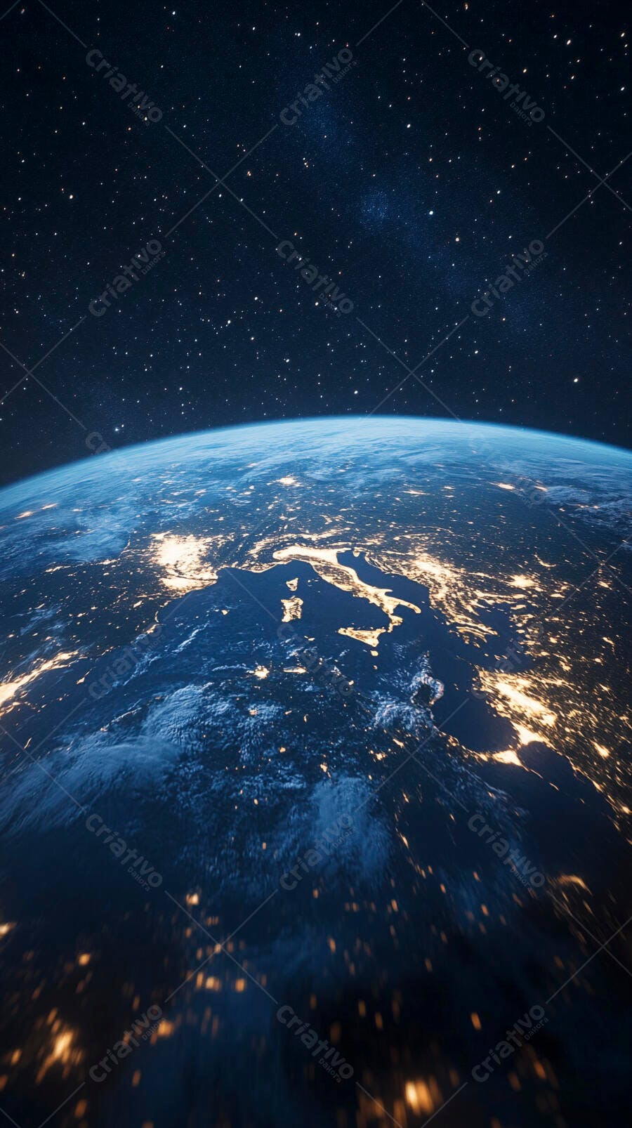 Terra vista do espaço à noite com cidades iluminadas e estrelas brilhantes