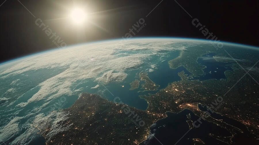 Terra vista do espaço com sol nascendo sobre Europa e luzes de cidades