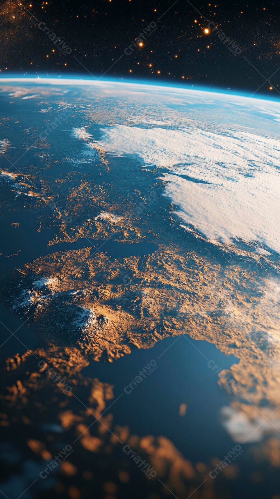 Terra vista do espaço com luzes urbanas noturnas e estrelas cintilantes