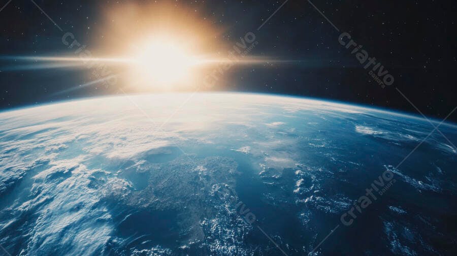 Planeta Terra visto do espaço com aurora solar e horizonte azul brilhante
