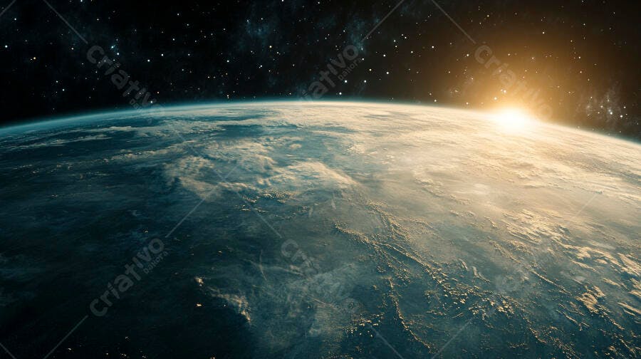Terra vista do espaço com sol dourado surgindo no horizonte
