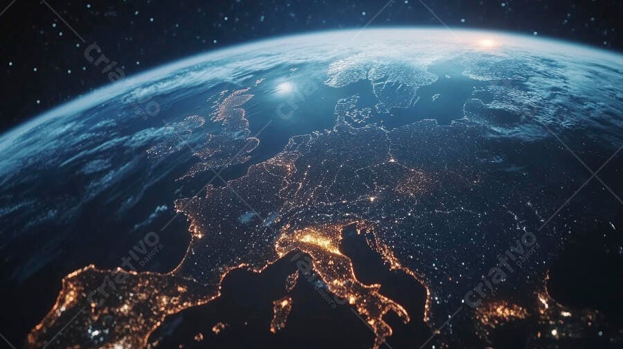 Planeta Terra visto do espaço com cidades da Europa iluminadas à noite