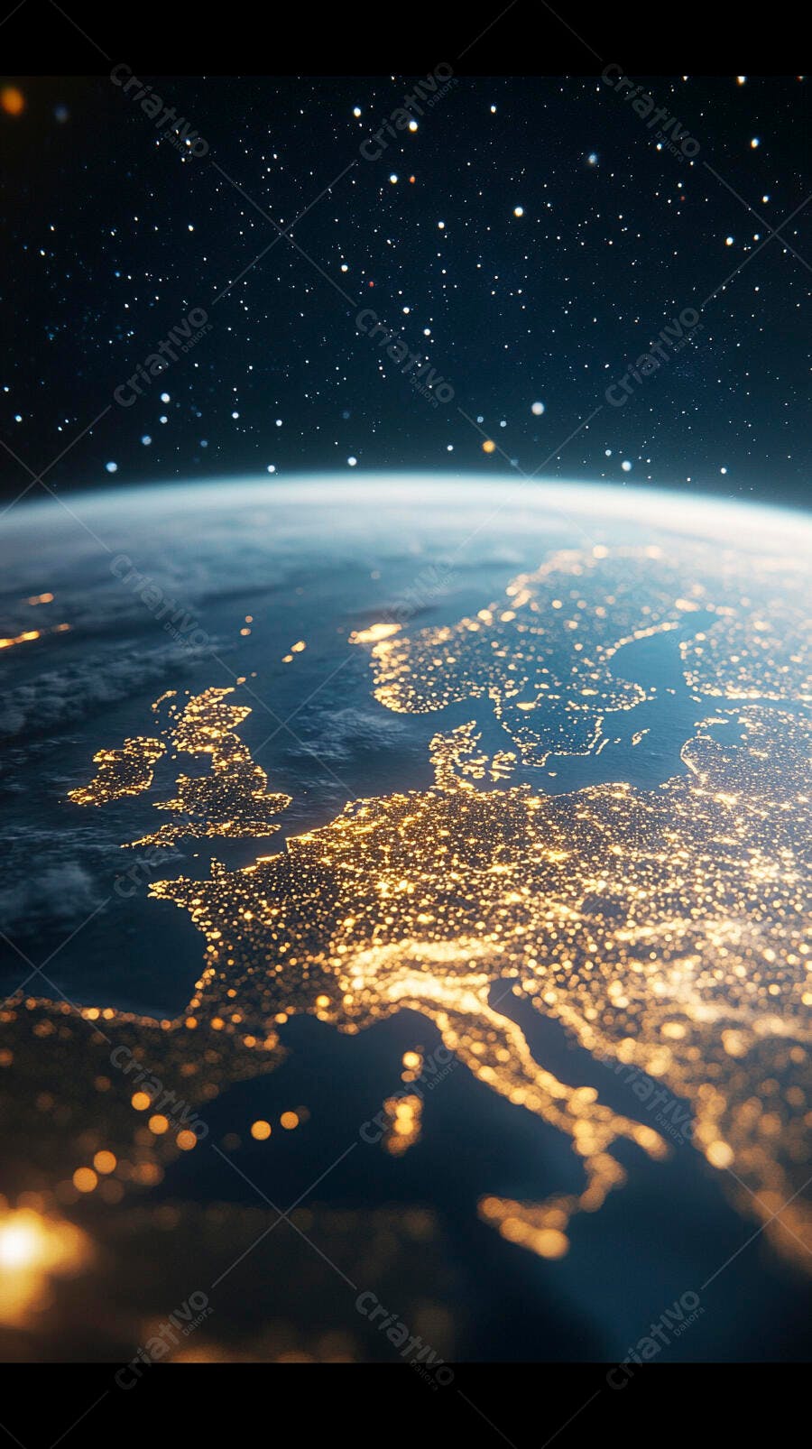 Planeta Terra Europa e Reino Unido à noite com luzes urbanas brilhantes