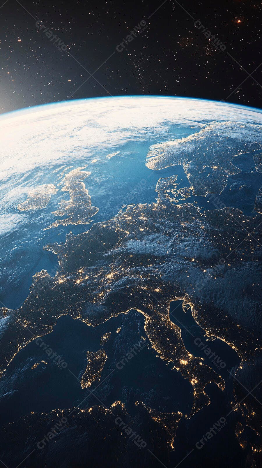Terra vista do espaço Europa à noite com luzes das cidades acesas