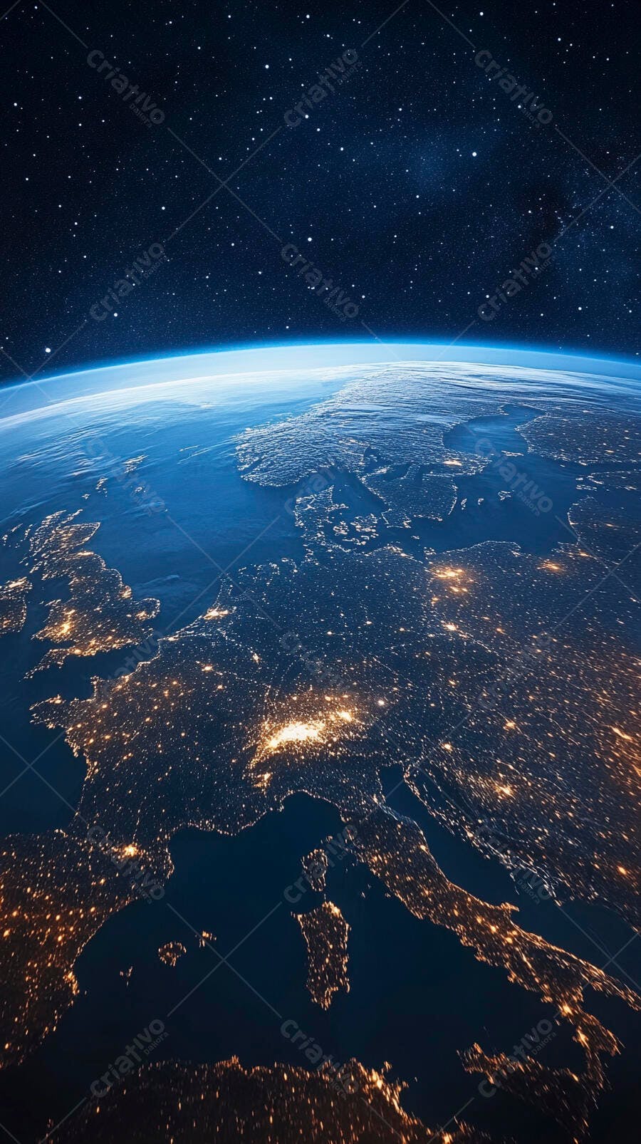 Terra vista do espaço com cidades iluminadas da Europa à noite