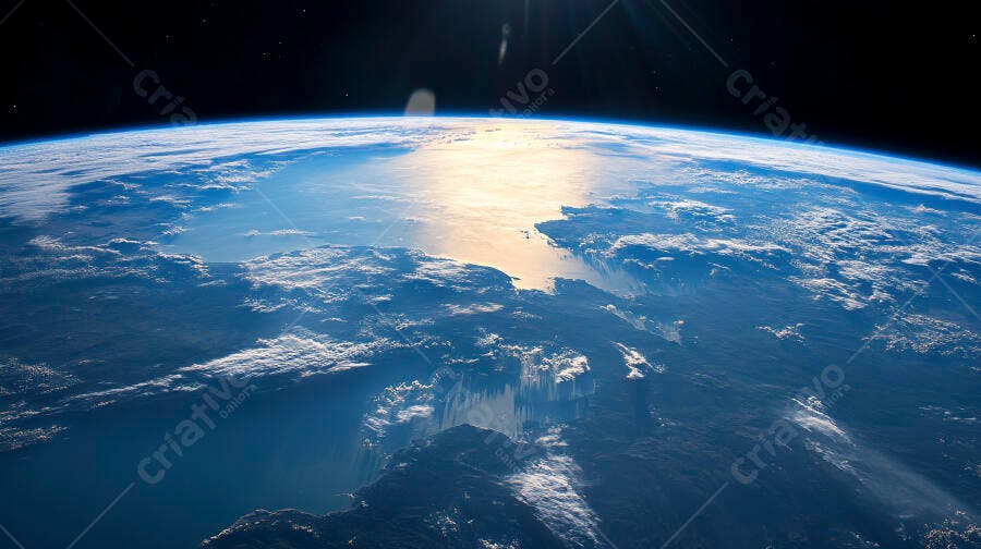 Planeta Terra do espaço curvatura azul oceano nuvens brancas e brilho solar