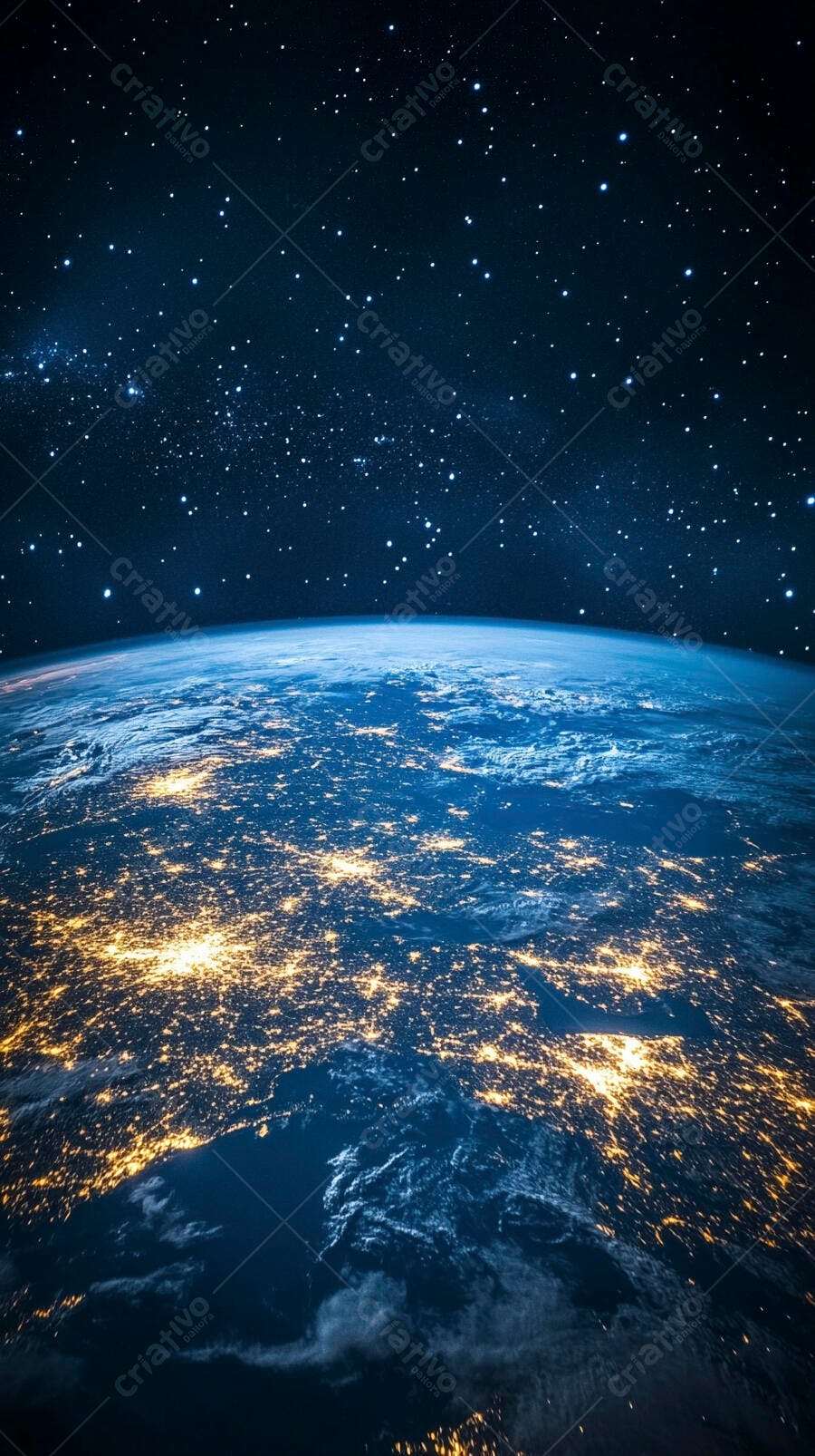 Terra vista do espaço com cidades iluminadas à noite e céu estrelado
