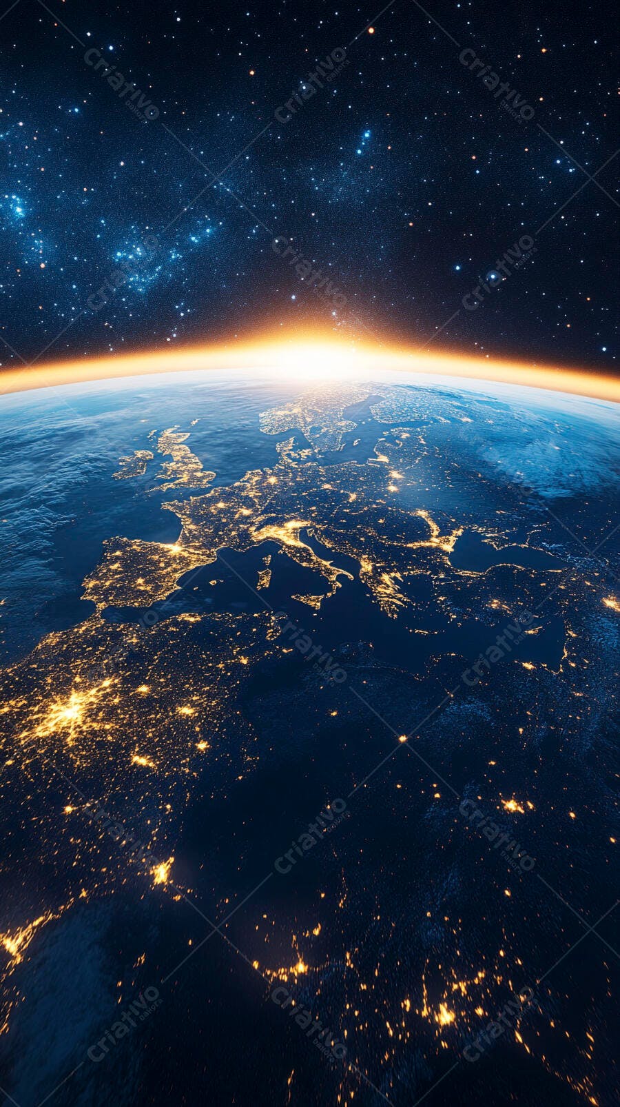 Planeta Terra noturno luzes cidades europeias e amanhecer espacial