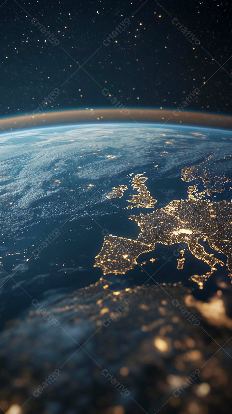 Terra vista do espaço com luzes noturnas da Europa e estrelas