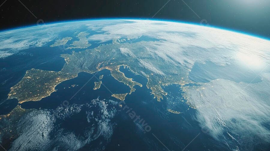 Planeta Terra Europa noturna com luzes amarelas das cidades do espaço