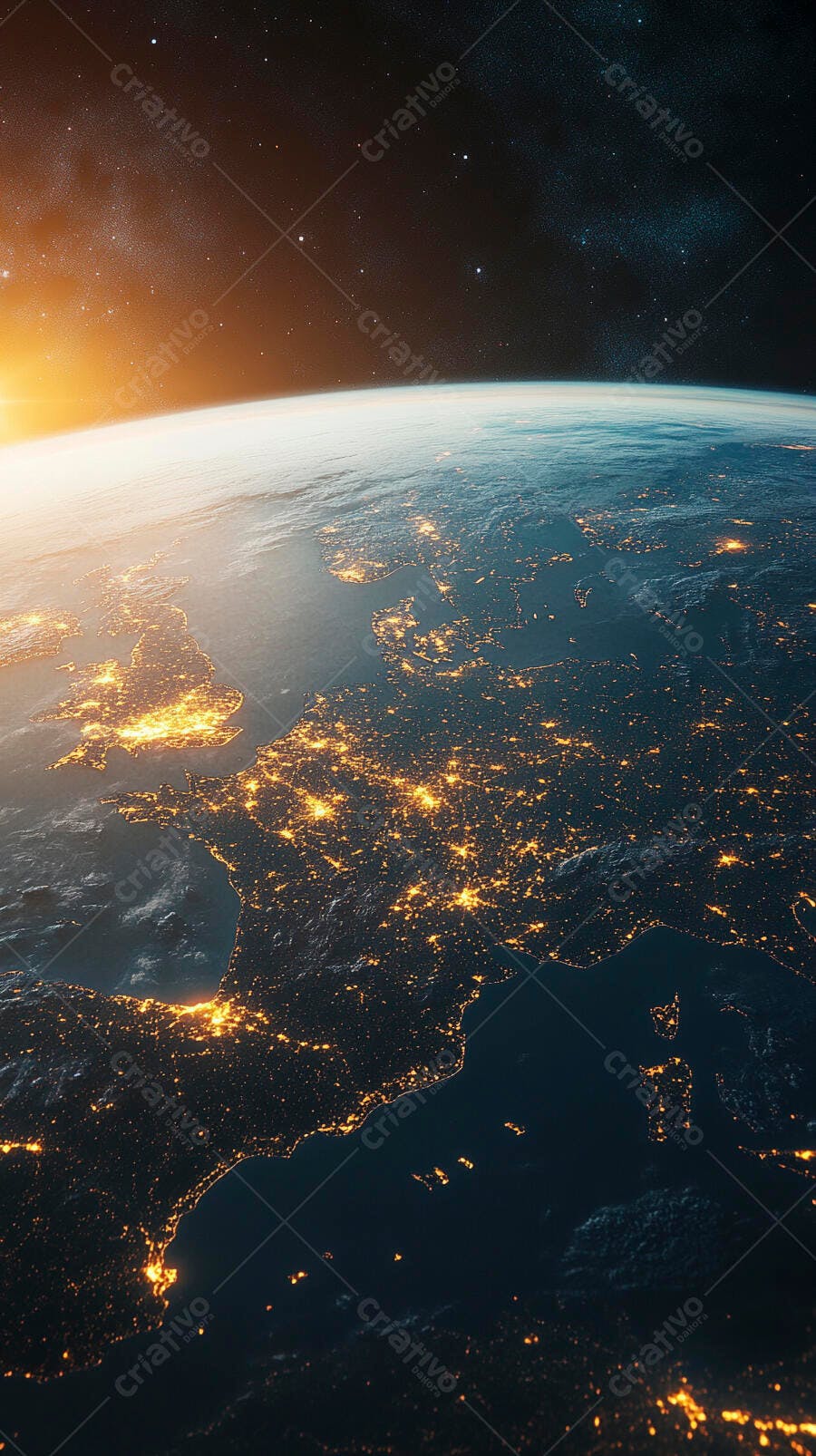 Planeta Terra do espaço com luzes urbanas e amanhecer glorioso sobre a Europa