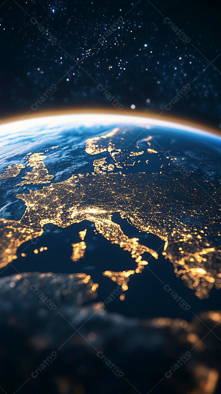 Terra vista do espaço noturno com cidades da Europa brilhando