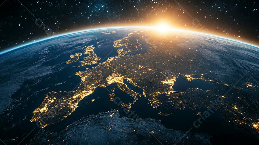 Terra vista do espaço com luzes da cidade e nascer do sol sobre a Europa