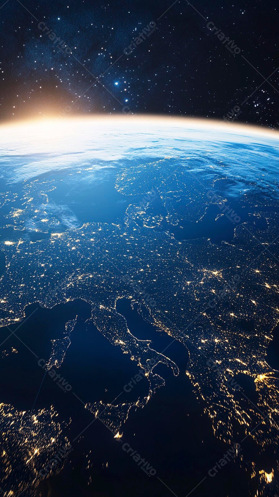 Planeta Terra visto do espaço com luzes de cidades e estrelas