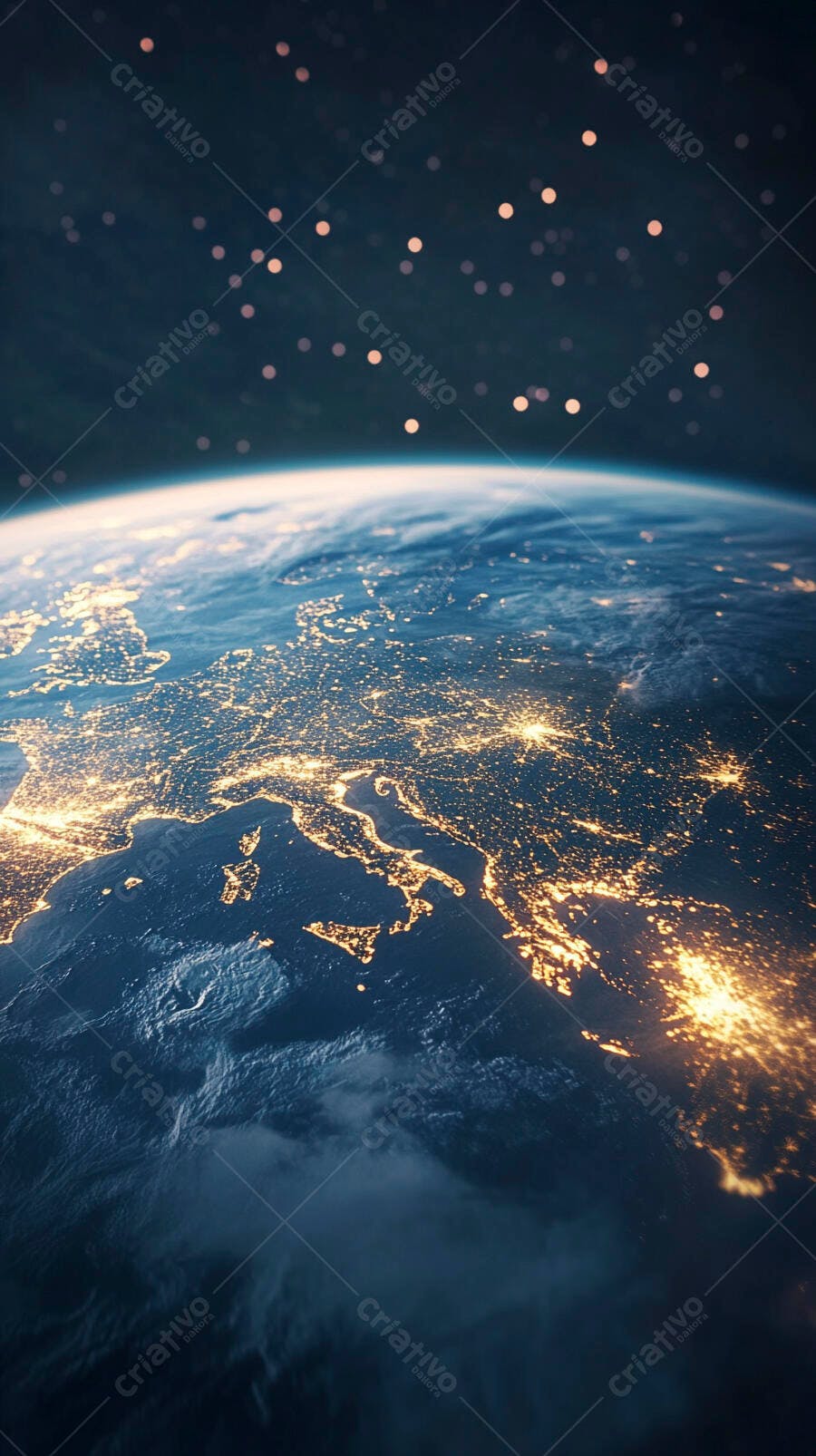 Planeta Terra à noite com luzes urbanas da Europa e estrelas brilhantes