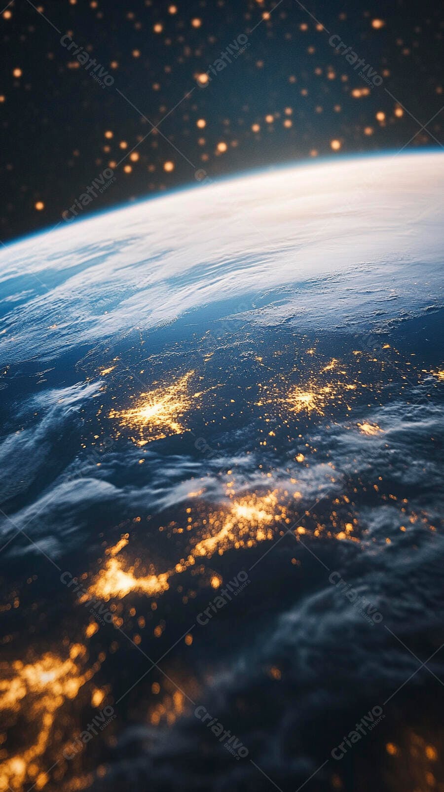 Planeta Terra visto do espaço com luzes urbanas douradas e céu noturno