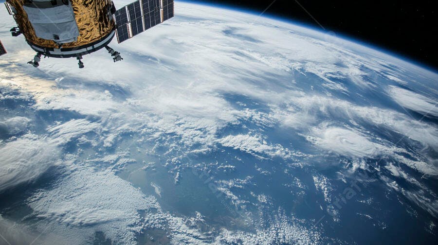 Satélite dourado orbitando a Terra azul e branca com nuvens densas