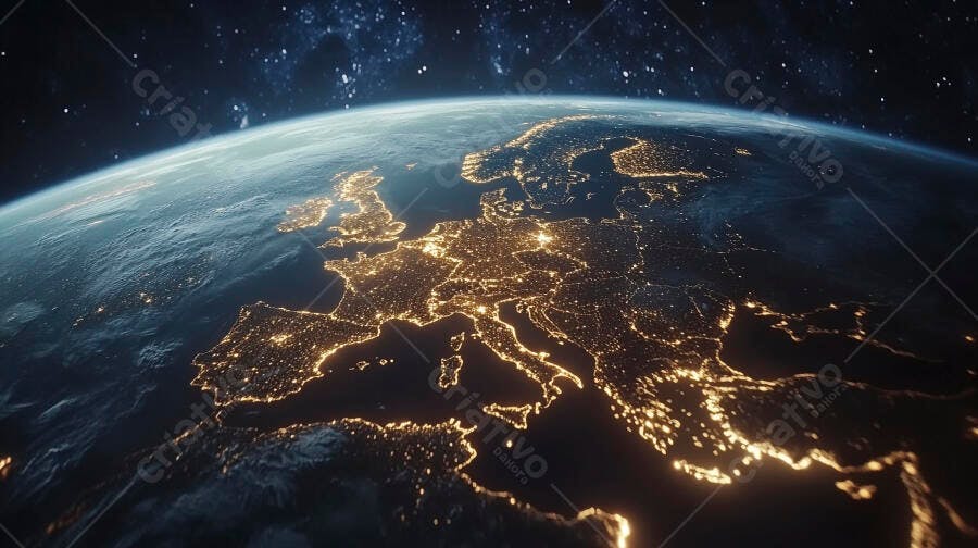 Terra vista noturna da Europa com luzes urbanas brilhantes do espaço