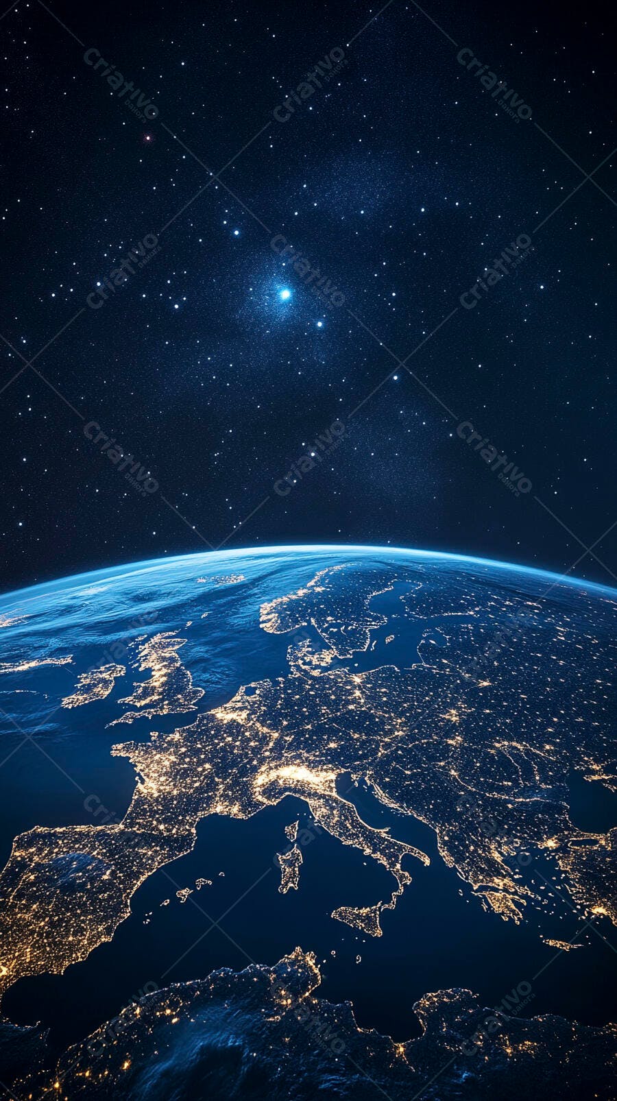 Planeta Terra visto do espaço com luzes das cidades à noite sobre Europa e África