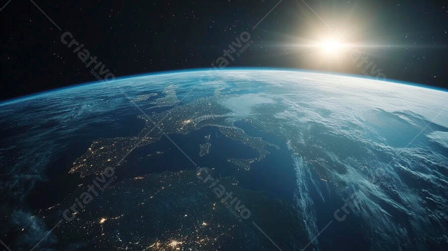 Planeta Terra visto do espaço com luzes de cidades ao amanhecer