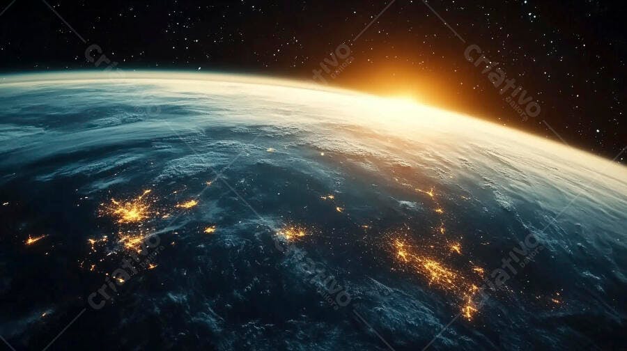 Planeta Terra azul com luzes das cidades à noite e amanhecer espacial