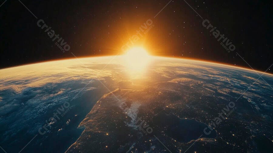 Planeta Terra visto do espaço com nascer do sol dourado e cidades iluminadas