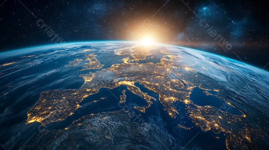Planeta Terra vista do espaço com cidades iluminadas na Europa e nascer do sol dourado